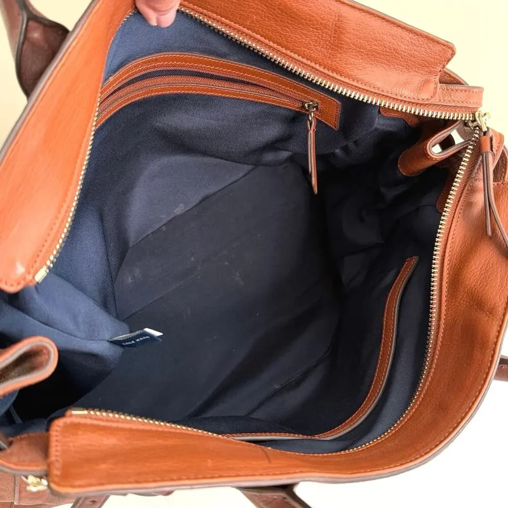 Cole Haan brown pebbled leather satchel tote belted detail
